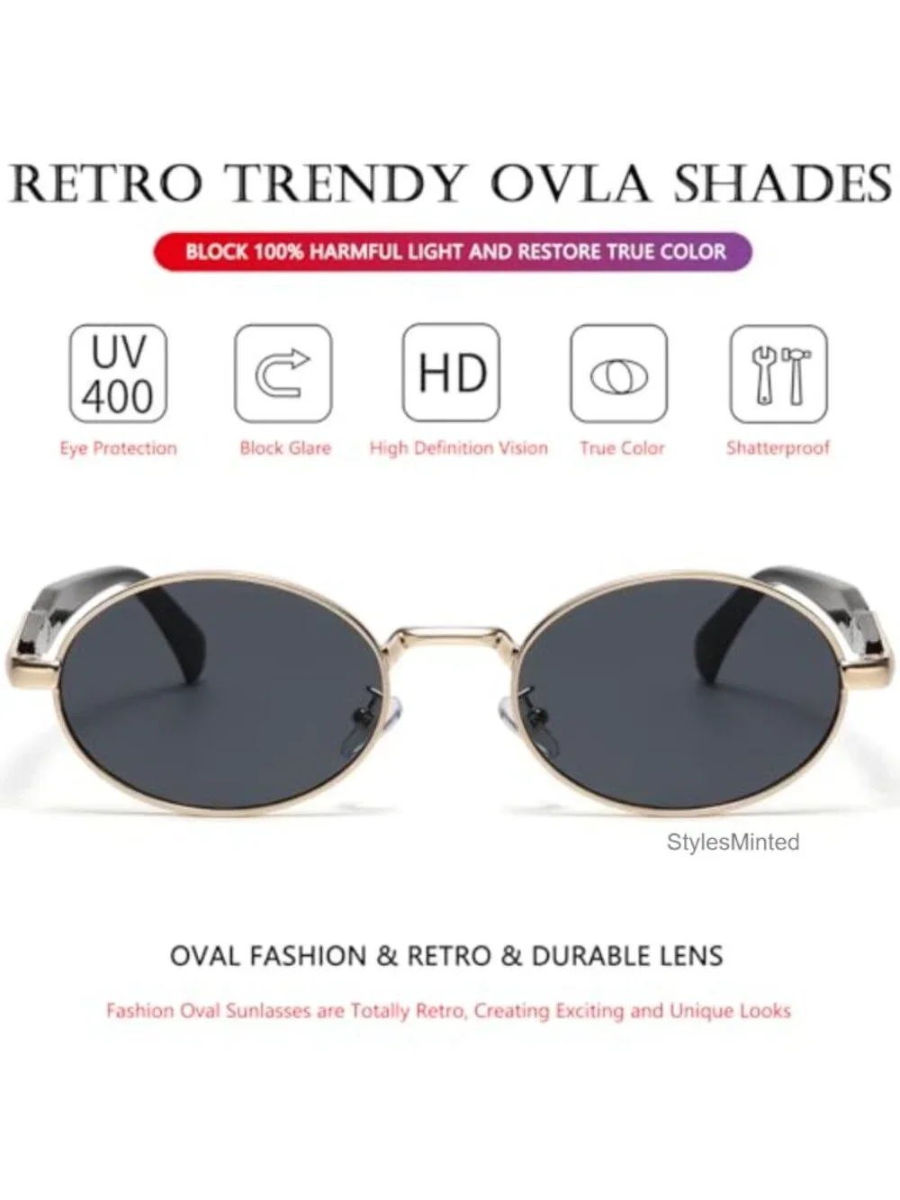 Retro Oval Metal Framed Sunglasses with UV Protection